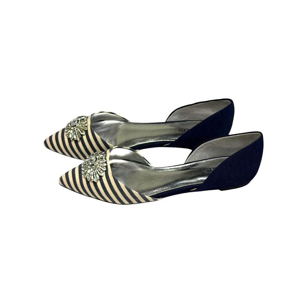 Chicos Striped Ballet Shoes Flats Crystal Embellished Pointed Navy Blue 10 NIB